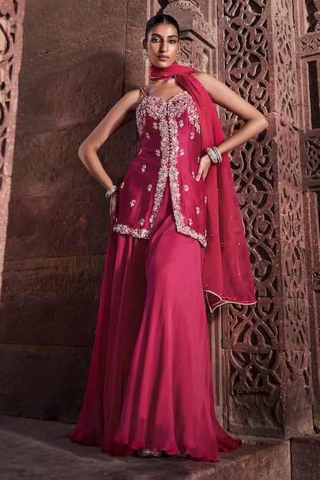 Kritika Dawar Pink Silk Embroidery Dabka Sweetheart Aliyah Blossom Garden Kurti Sharara Set 