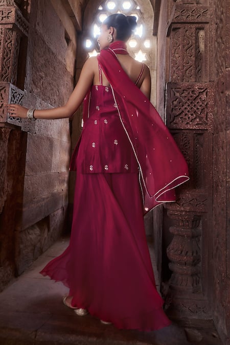 Shop Kritika Dawar Pink Silk, Organza Aliyah Blossom Garden Dabka Embroidered Kurti Sharara Set at Aza Fashions Shop_Kritika Dawar_Pink Silk, Organza Aliyah Blossom Garden Dabka Embroidered Kurti Sharara Set _at_Aza_Fashions