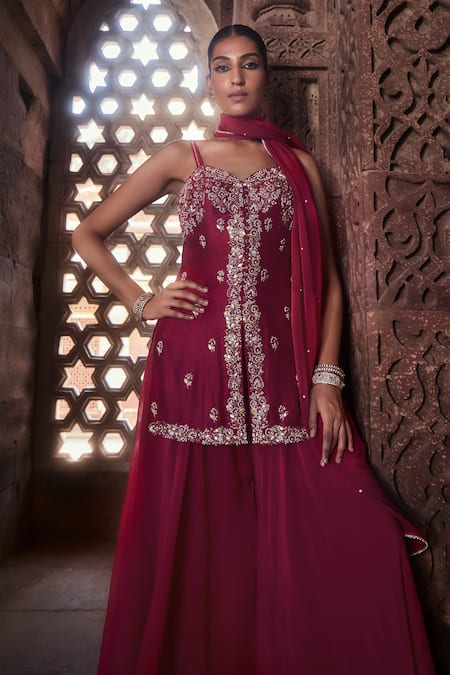 Shop Kritika Dawar Pink Silk, Organza Aliyah Blossom Garden Dabka Embroidered Kurti Sharara Set Online at Aza Fashions Shop_Kritika Dawar_Pink Silk, Organza Aliyah Blossom Garden Dabka Embroidered Kurti Sharara Set _Online_at_Aza_Fashions