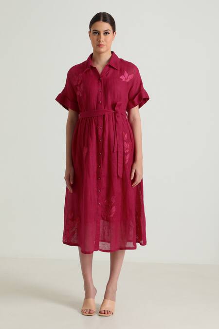 Arcvsh By Pallavi Singh Fuchsia Embroidery Collared Carnation Embraided Midi Dress at Aza Fashions Arcvsh By Pallavi Singh_Fuchsia Embroidery Collared Carnation Embraided Midi Dress _at_Aza_Fashions