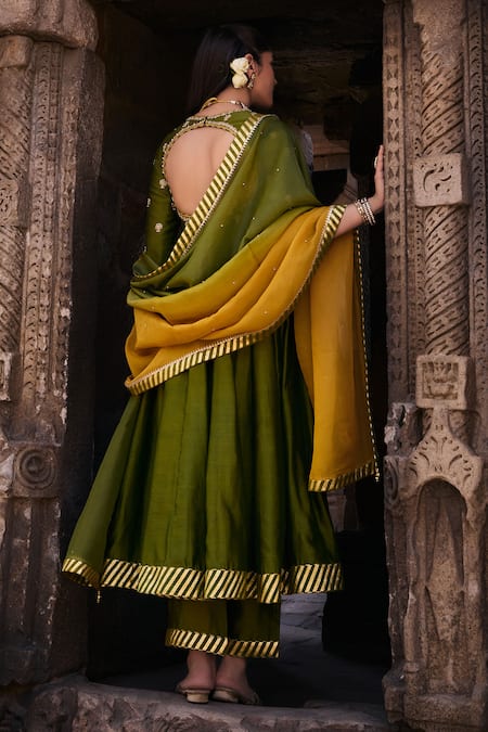 Shop_Kritika Dawar_Green Tissue, Silk, Chanderi Embroidery, Zoha Dori Phool Bahar Anarkali Set _at_Aza_Fashions