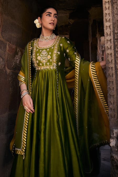 Buy_Kritika Dawar_Green Tissue, Silk, Chanderi Embroidery, Zoha Dori Phool Bahar Anarkali Set _Online_at_Aza_Fashions