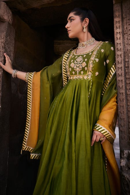 Shop_Kritika Dawar_Green Tissue, Silk, Chanderi Embroidery, Zoha Dori Phool Bahar Anarkali Set _Online_at_Aza_Fashions