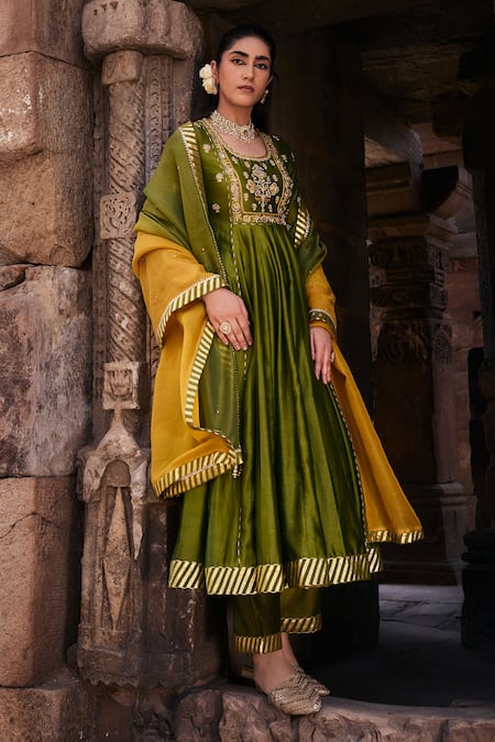 Buy_Kritika Dawar_Green Tissue, Silk, Chanderi Embroidery, Zoha Dori Phool Bahar Anarkali Set 