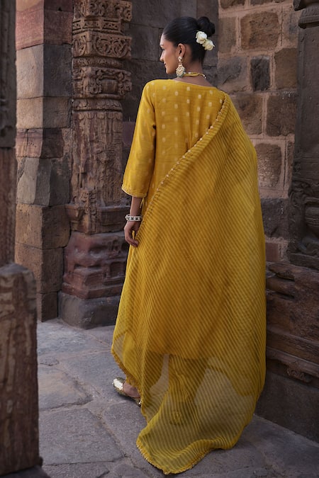 Shop_Kritika Dawar_Yellow Chanderi, Organza Embroidery Round Aarna Phoolista Dabka Woven Kurta Set _at_Aza_Fashions