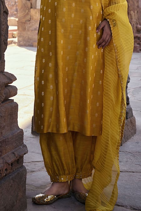 Shop_Kritika Dawar_Yellow Chanderi, Organza Embroidery Round Aarna Phoolista Dabka Woven Kurta Set _Online_at_Aza_Fashions