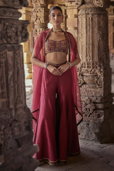 Kritika Dawar Maroon Silk Embroidery Thread Tahira Coin Embellished Cape Sharara Set 