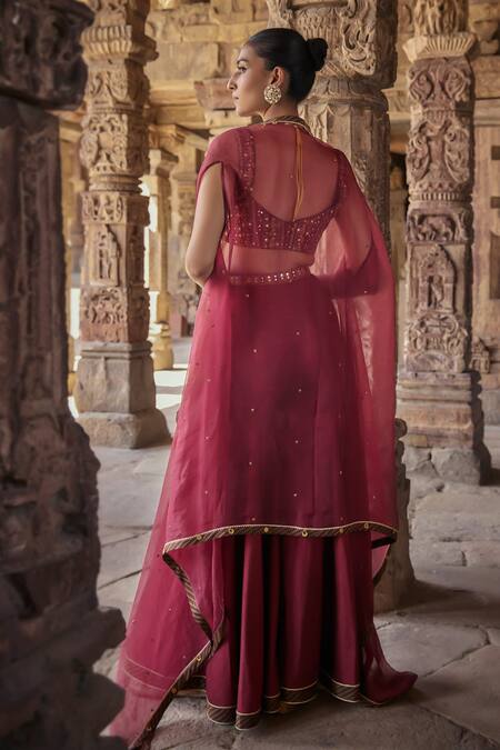 Shop_Kritika Dawar_Maroon Organza, Silk Mirrors, Tahira Coin Embellished Cape Sharara Set _at_Aza_Fashions
