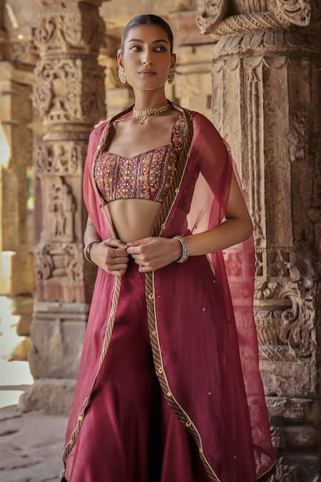 Kritika Dawar_Maroon Organza, Silk Mirrors, Tahira Coin Embellished Cape Sharara Set _Online_at_Aza_Fashions