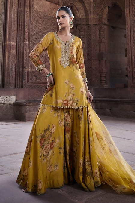 Kritika Dawar Yellow Silk Print Floral Notched Round Neck Gulbagh Kurti Sharara Set 