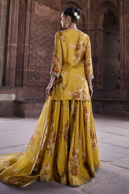 Shop Kritika Dawar Yellow Silk, Organza Diamonds, Embroidery Gulbagh Floral Print Kurti Sharara Set at Aza Fashions Shop_Kritika Dawar_Yellow Silk, Organza Diamonds, Embroidery Gulbagh Floral Print Kurti Sharara Set _at_Aza_Fashions