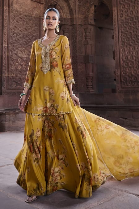 Kritika Dawar Yellow Silk, Organza Diamonds, Embroidery Gulbagh Floral Print Kurti Sharara Set Online at Aza Fashions Kritika Dawar_Yellow Silk, Organza Diamonds, Embroidery Gulbagh Floral Print Kurti Sharara Set _Online_at_Aza_Fashions