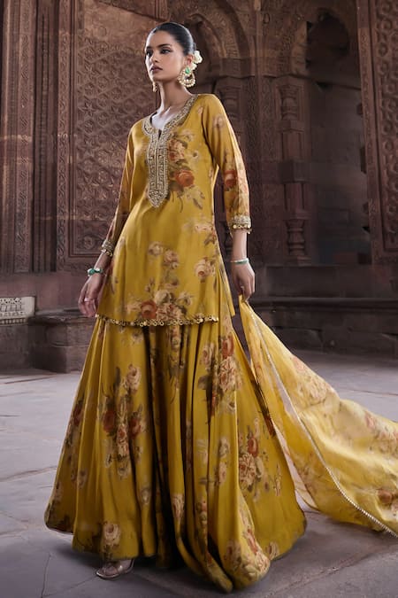 Buy Kritika Dawar Yellow Silk, Organza Diamonds, Embroidery Gulbagh Floral Print Kurti Sharara Set Online at Aza Fashions Buy_Kritika Dawar_Yellow Silk, Organza Diamonds, Embroidery Gulbagh Floral Print Kurti Sharara Set _Online_at_Aza_Fashions