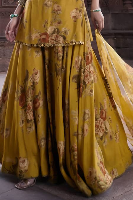 Shop Kritika Dawar Yellow Silk, Organza Diamonds, Embroidery Gulbagh Floral Print Kurti Sharara Set Online at Aza Fashions Shop_Kritika Dawar_Yellow Silk, Organza Diamonds, Embroidery Gulbagh Floral Print Kurti Sharara Set _Online_at_Aza_Fashions