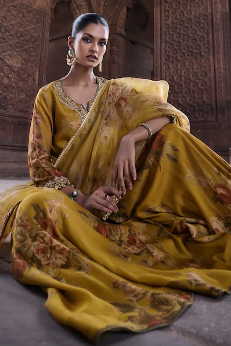 Kritika Dawar Yellow Silk, Organza Diamonds, Embroidery Gulbagh Floral Print Kurti Sharara Set at Aza Fashions Kritika Dawar_Yellow Silk, Organza Diamonds, Embroidery Gulbagh Floral Print Kurti Sharara Set _at_Aza_Fashions