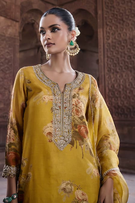 Buy Kritika Dawar Yellow Silk, Organza Diamonds, Embroidery Gulbagh Floral Print Kurti Sharara Set Buy_Kritika Dawar_Yellow Silk, Organza Diamonds, Embroidery Gulbagh Floral Print Kurti Sharara Set