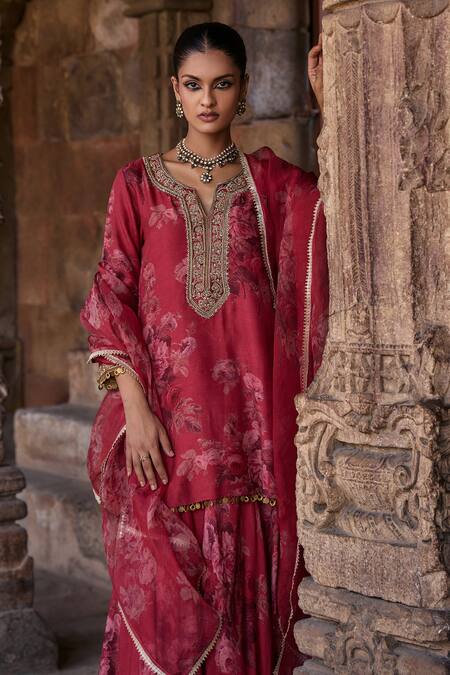 Buy Kritika Dawar Red Silk, Organza Embroidery, Diamonds Gulbagh Flora Print Kurti Sharara Set Online at Aza Fashions Buy_Kritika Dawar_Red Silk, Organza Embroidery, Diamonds Gulbagh Flora Print Kurti Sharara Set _Online_at_Aza_Fashions