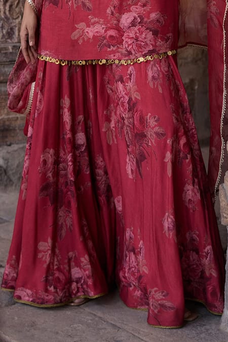 Shop Kritika Dawar Red Silk, Organza Embroidery, Diamonds Gulbagh Flora Print Kurti Sharara Set Online at Aza Fashions Shop_Kritika Dawar_Red Silk, Organza Embroidery, Diamonds Gulbagh Flora Print Kurti Sharara Set _Online_at_Aza_Fashions