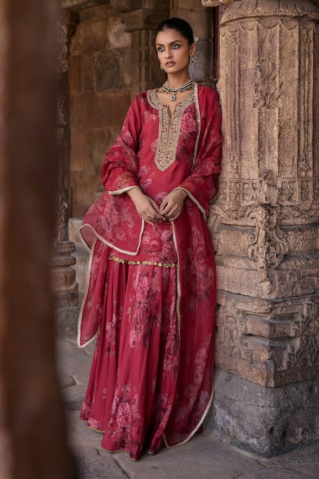 Buy Kritika Dawar Red Silk, Organza Embroidery, Diamonds Gulbagh Flora Print Kurti Sharara Set Buy_Kritika Dawar_Red Silk, Organza Embroidery, Diamonds Gulbagh Flora Print Kurti Sharara Set