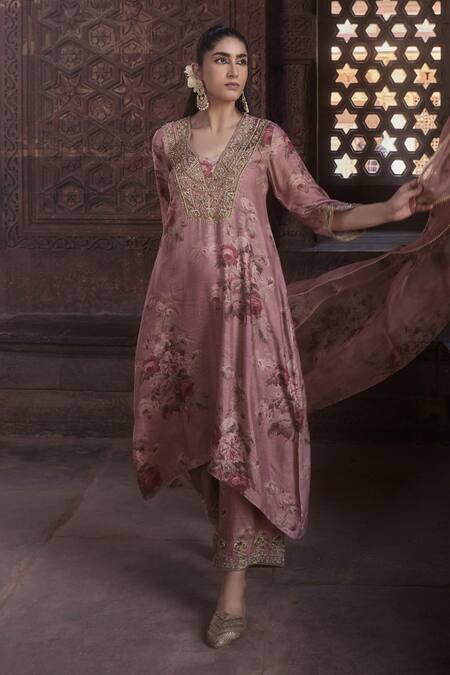 Kritika Dawar_Pink Silk, Organza Embroidery Amara Florence Print Embellished Kurta Pant Set _Online_at_Aza_Fashions