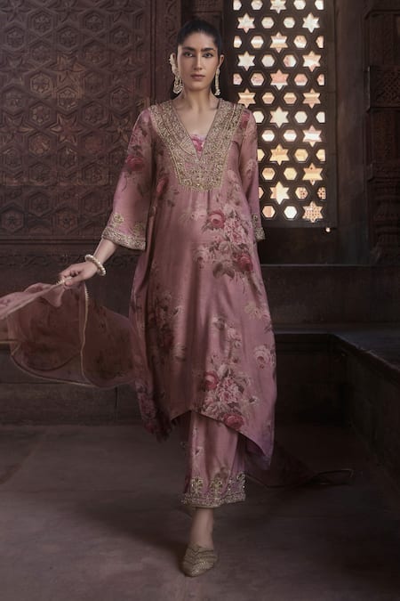 Shop_Kritika Dawar_Pink Silk, Organza Embroidery Amara Florence Print Embellished Kurta Pant Set _Online_at_Aza_Fashions