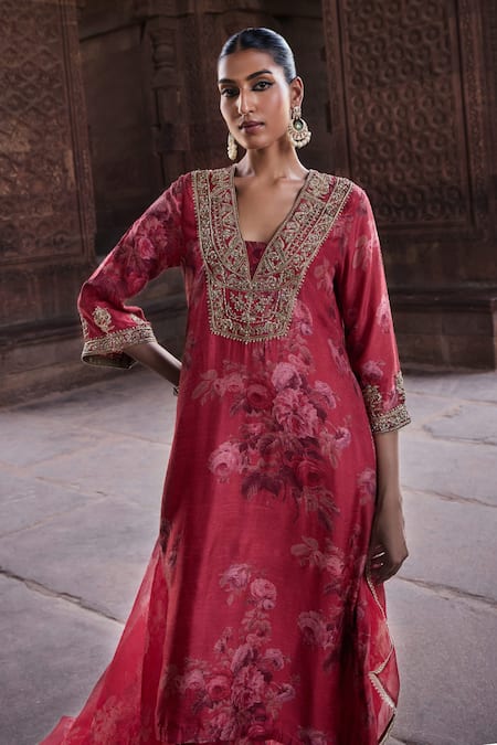 Shop_Kritika Dawar_Red Silk, Organza Embroidery Amara Rosa Print Embellished Kurta Pant Set _Online_at_Aza_Fashions