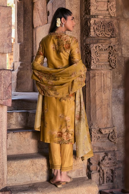 Shop Kritika Dawar Yellow Chanderi, Cotton, Silk Embroidery Zainab Phool Print Kurta Pant Set at Aza Fashions Shop_Kritika Dawar_Yellow Chanderi, Cotton, Silk Embroidery Zainab Phool Print Kurta Pant Set _at_Aza_Fashions