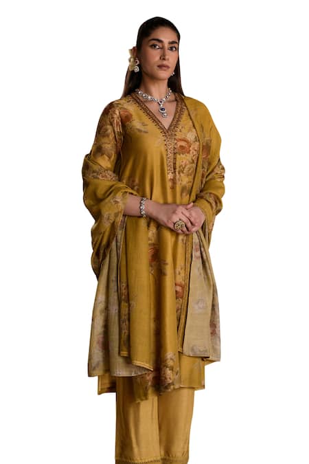 Buy Kritika Dawar Yellow Chanderi, Cotton, Silk Embroidery Zainab Phool Print Kurta Pant Set Online at Aza Fashions Buy_Kritika Dawar_Yellow Chanderi, Cotton, Silk Embroidery Zainab Phool Print Kurta Pant Set _Online_at_Aza_Fashions