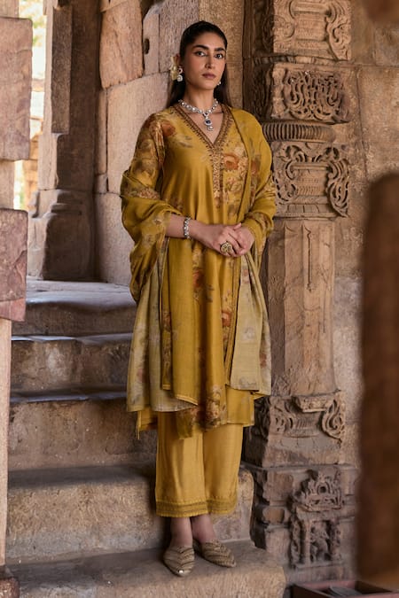 Shop Kritika Dawar Yellow Chanderi, Cotton, Silk Embroidery Zainab Phool Print Kurta Pant Set Online at Aza Fashions Shop_Kritika Dawar_Yellow Chanderi, Cotton, Silk Embroidery Zainab Phool Print Kurta Pant Set _Online_at_Aza_Fashions