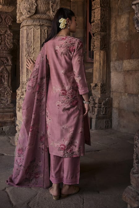 Shop Kritika Dawar Pink Chanderi, Cotton, Silk Zainab Phoolista Bloom Print Kurta Pant Set at Aza Fashions Shop_Kritika Dawar_Pink Chanderi, Cotton, Silk Zainab Phoolista Bloom Print Kurta Pant Set _at_Aza_Fashions