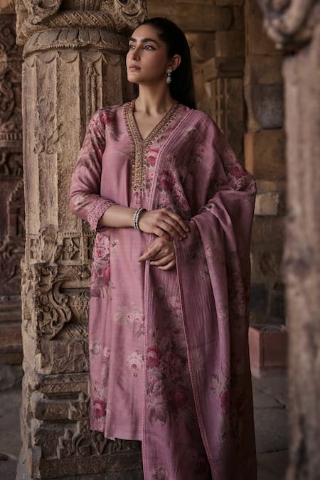 Shop Kritika Dawar Pink Chanderi, Cotton, Silk Zainab Phoolista Bloom Print Kurta Pant Set Online at Aza Fashions Shop_Kritika Dawar_Pink Chanderi, Cotton, Silk Zainab Phoolista Bloom Print Kurta Pant Set _Online_at_Aza_Fashions