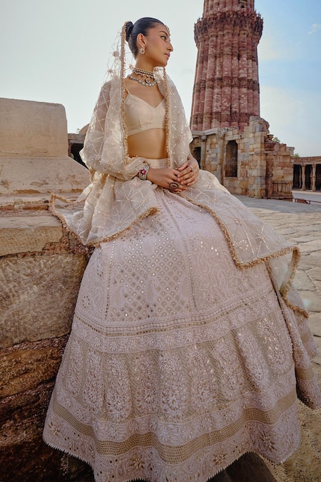 Shop_Kritika Dawar_Ivory , Heer Mughal Bloom Chikankari Embroidered Bridal Lehenga Set _at_Aza_Fashions