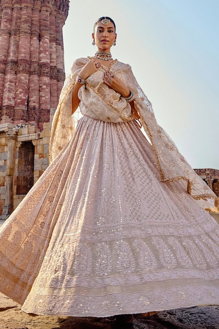 Shop_Kritika Dawar_Ivory , Heer Mughal Bloom Chikankari Embroidered Bridal Lehenga Set _Online_at_Aza_Fashions