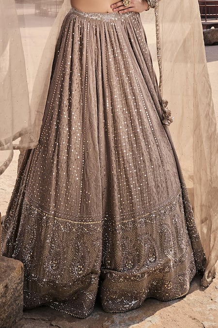 Kritika Dawar_Grey Silk Organza, Zahra Paisley Phool Chikankari Embroidered Bridal Lehenga Set _at_Aza_Fashions