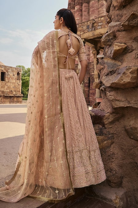 Shop_Kritika Dawar_Pink Silk Organza, Zeenat Florin Jaal Chikankari Embroidered Bridal Lehenga Set _at_Aza_Fashions