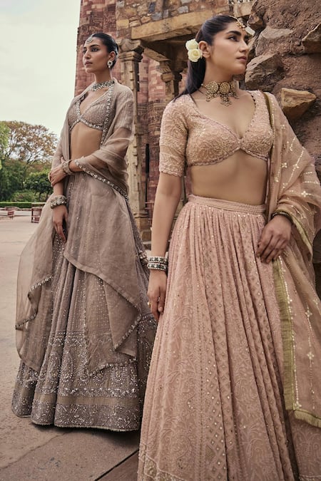 Buy_Kritika Dawar_Pink Silk Organza, Zeenat Florin Jaal Chikankari Embroidered Bridal Lehenga Set _Online_at_Aza_Fashions