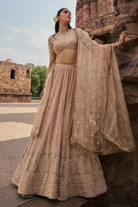 Shop_Kritika Dawar_Pink Silk Organza, Zeenat Florin Jaal Chikankari Embroidered Bridal Lehenga Set _Online_at_Aza_Fashions