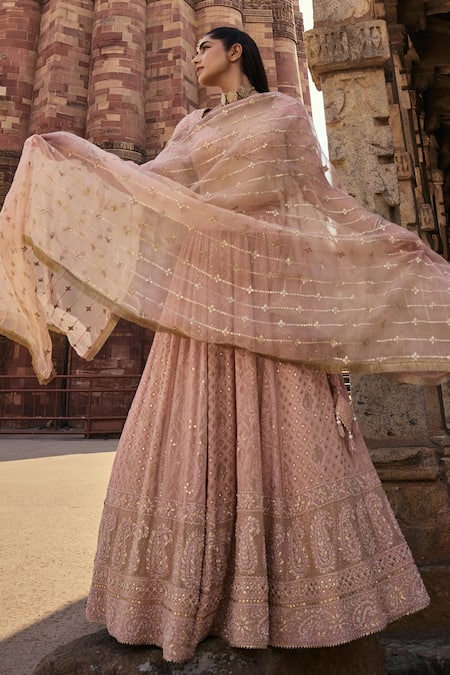 Buy_Kritika Dawar_Pink Silk Organza, Zeenat Florin Jaal Chikankari Embroidered Bridal Lehenga Set 
