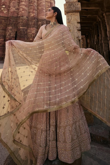 Shop_Kritika Dawar_Pink Silk Organza, Zeenat Florin Jaal Chikankari Embroidered Bridal Lehenga Set 