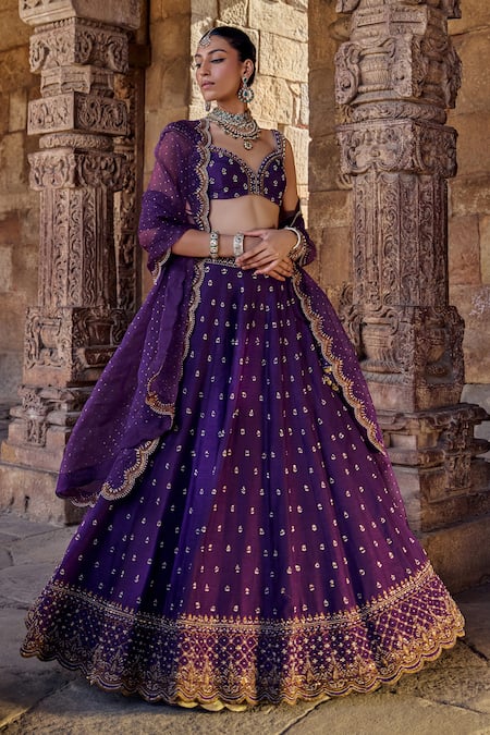 Kritika Dawar Purple Silk Embroidery Dabka Sweetheart Raya Florin Bahar Bridal Lehenga Set 