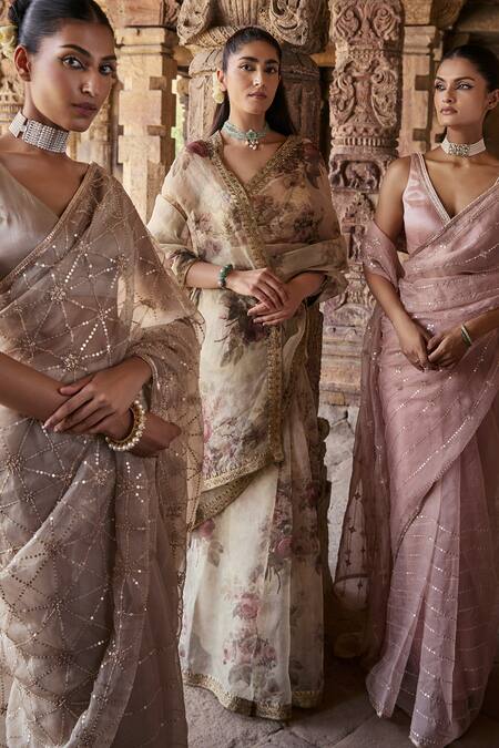 Kritika Dawar Ivory Silk, Organza Embroidery, Zari Saba Bloom Garden Print Saree With Blouse Online at Aza Fashions Kritika Dawar_Ivory Silk, Organza Embroidery, Zari Saba Bloom Garden Print Saree With Blouse _Online_at_Aza_Fashions