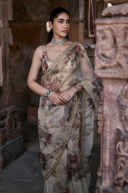 Buy Kritika Dawar Ivory Silk, Organza Embroidery, Zari Saba Bloom Garden Print Saree With Blouse Online at Aza Fashions Buy_Kritika Dawar_Ivory Silk, Organza Embroidery, Zari Saba Bloom Garden Print Saree With Blouse _Online_at_Aza_Fashions