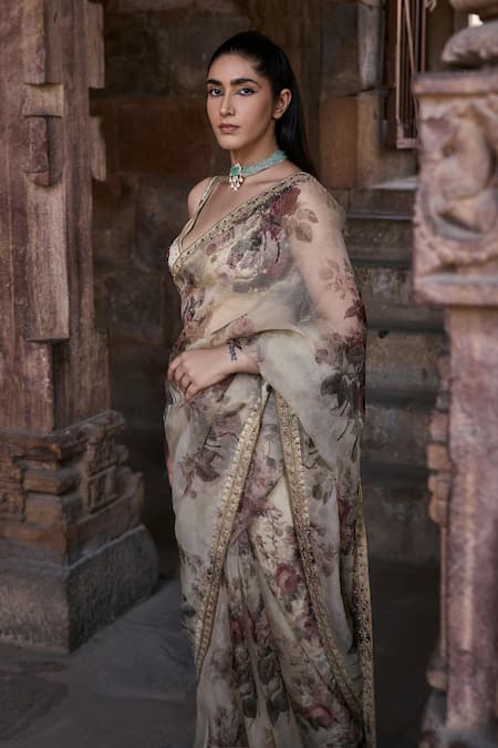 Shop Kritika Dawar Ivory Silk, Organza Embroidery, Zari Saba Bloom Garden Print Saree With Blouse Online at Aza Fashions Shop_Kritika Dawar_Ivory Silk, Organza Embroidery, Zari Saba Bloom Garden Print Saree With Blouse _Online_at_Aza_Fashions