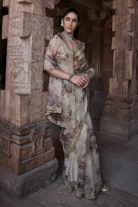 Kritika Dawar Ivory Silk, Organza Embroidery, Zari Saba Bloom Garden Print Saree With Blouse at Aza Fashions Kritika Dawar_Ivory Silk, Organza Embroidery, Zari Saba Bloom Garden Print Saree With Blouse _at_Aza_Fashions