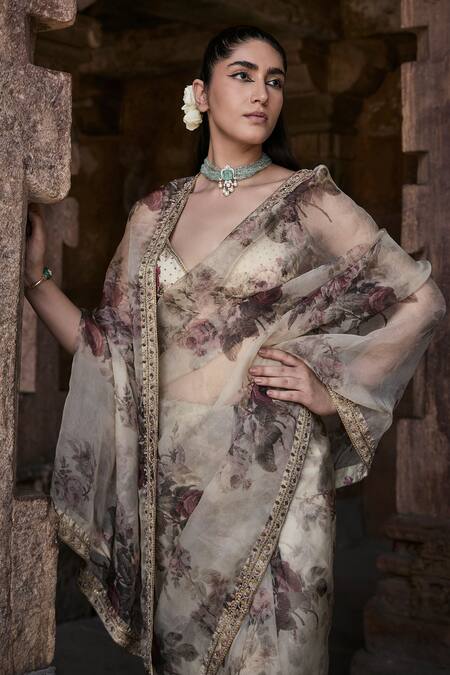 Buy Kritika Dawar Ivory Silk, Organza Embroidery, Zari Saba Bloom Garden Print Saree With Blouse Buy_Kritika Dawar_Ivory Silk, Organza Embroidery, Zari Saba Bloom Garden Print Saree With Blouse