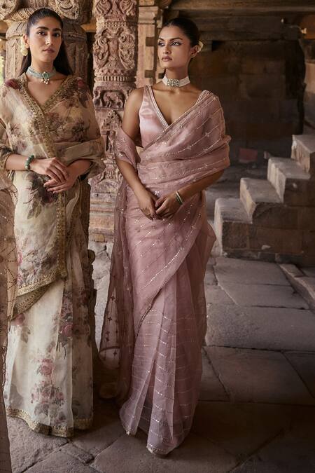 Kritika Dawar_Pink Silk, Organza Gota Noorein Flora Vine Dabka Embroidered Saree With Blouse _Online_at_Aza_Fashions