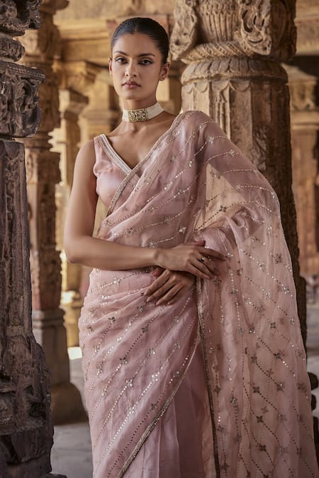 Shop_Kritika Dawar_Pink Silk, Organza Gota Noorein Flora Vine Dabka Embroidered Saree With Blouse _Online_at_Aza_Fashions