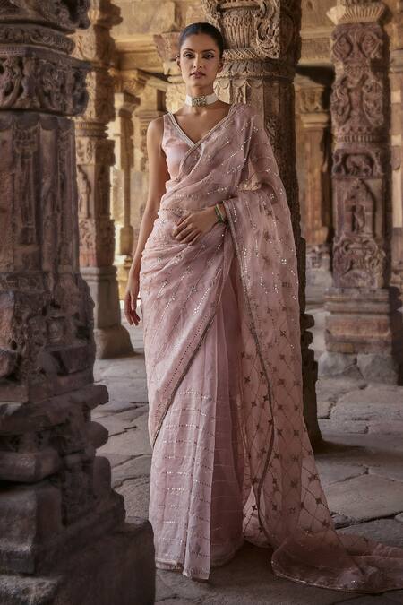 Kritika Dawar_Pink Silk, Organza Gota Noorein Flora Vine Dabka Embroidered Saree With Blouse _at_Aza_Fashions