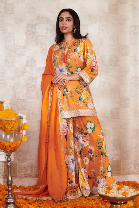 Rainas_Orange Cotton, Silk, Chiffon Embroidery Floral Pattern Kurta Sharara Set _Online_at_Aza_Fashions