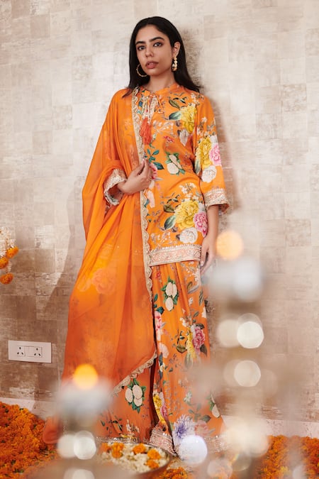 Buy_Rainas_Orange Cotton, Silk, Chiffon Embroidery Floral Pattern Kurta Sharara Set _Online_at_Aza_Fashions